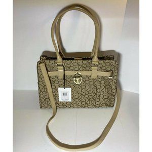 CALVIN KLEIN Gold Khaki Brown Crossbody Logo Satchel Tote Purse NWT Retail $228